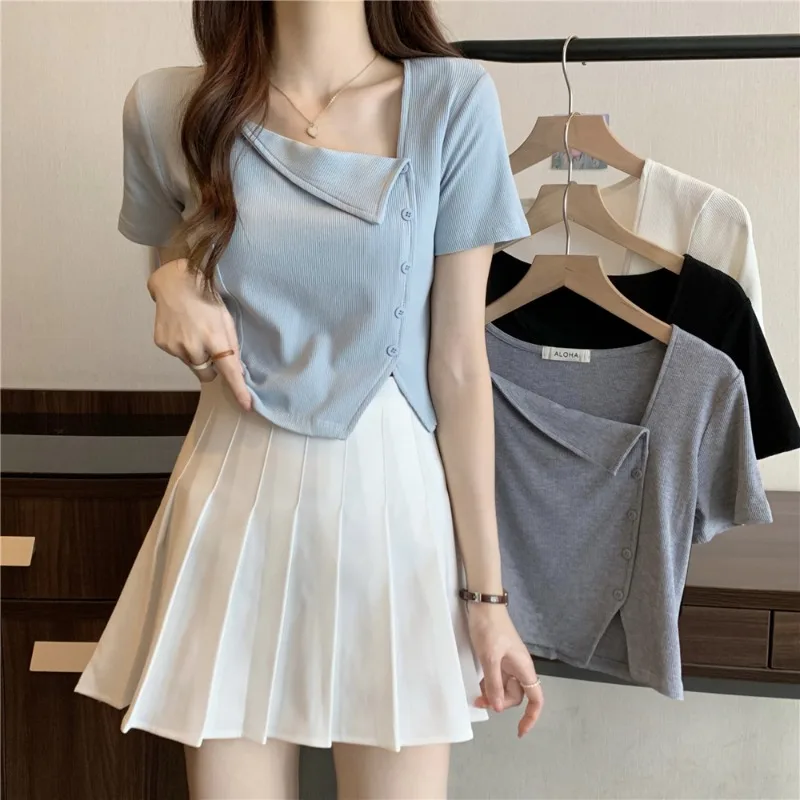 

2022 Summer Slim Woman Tshirt Ins Y2k Tops Irregular Square Neck Knitted Tops Slit Front Shoulder T-shirt Women