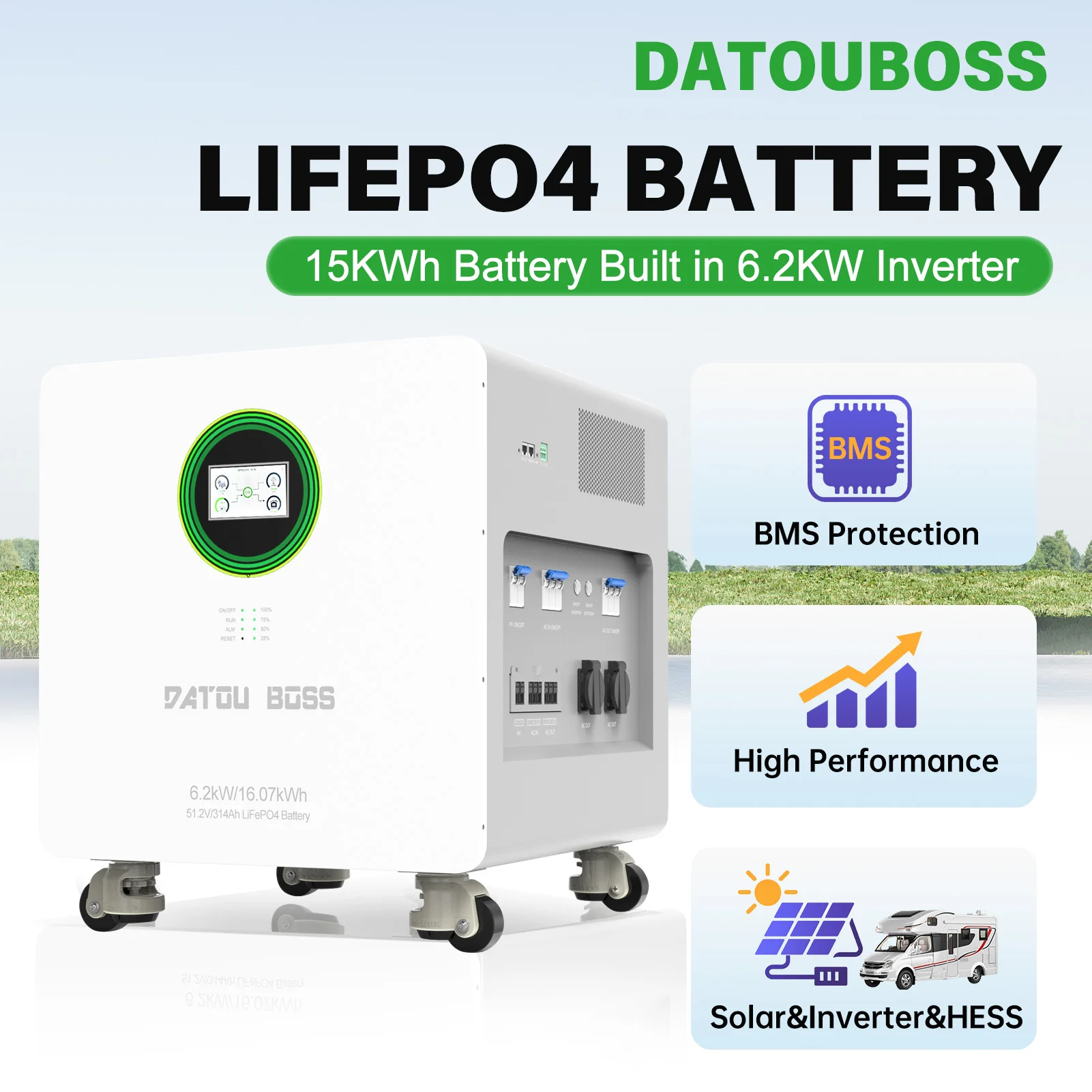DATOU BOSS 16kWh All-in-One LiFePO4 Battery with Built-in 6kW Hybrid Inverter, 51.2 V, 314 Ah, BMS, for Off-Grid Home Solar Systems and Backup Power