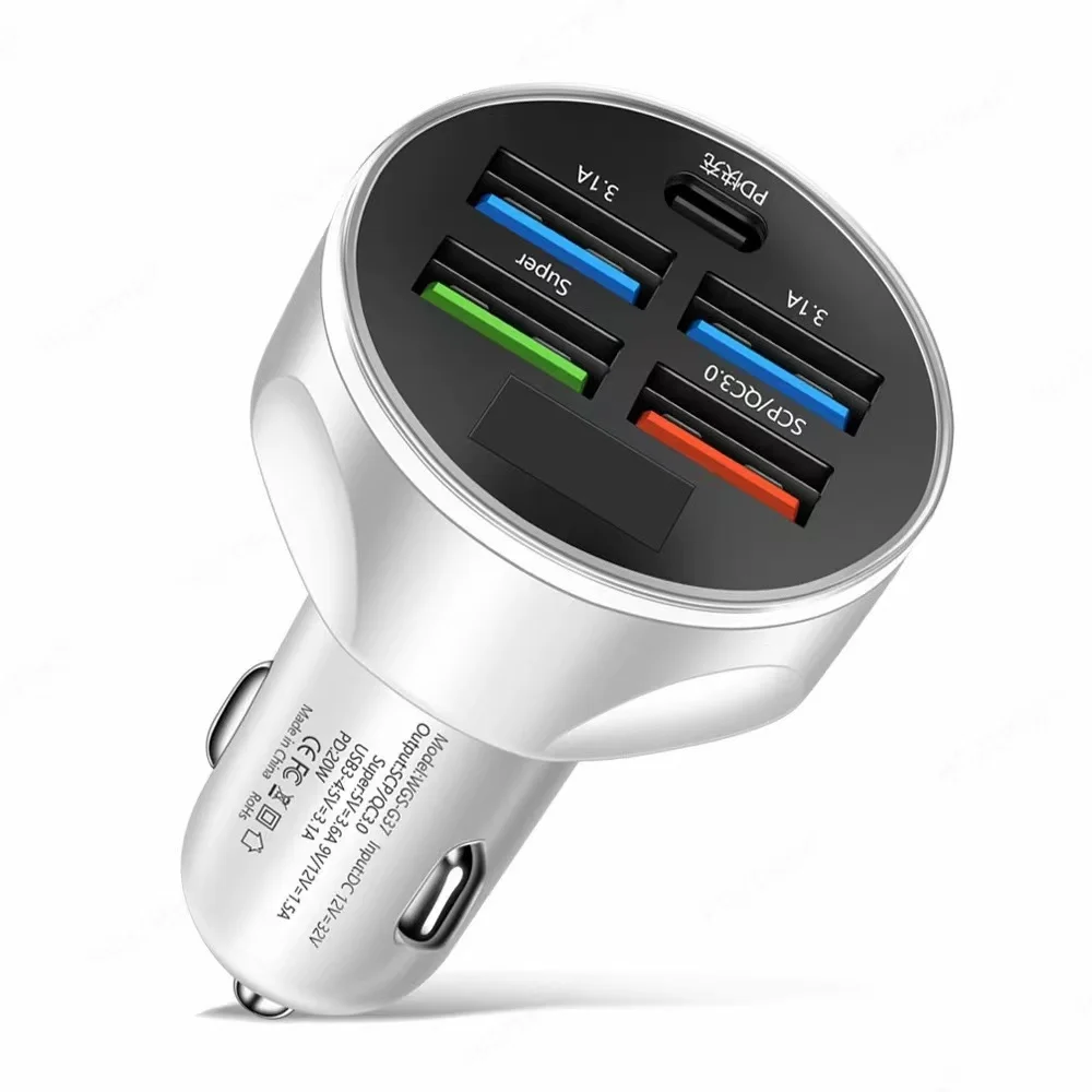 

Car charger 250W LED 5-port fast charging PD QC3.0 USB C Car phone charger Type C adapter Car for ios, Android mobile phones