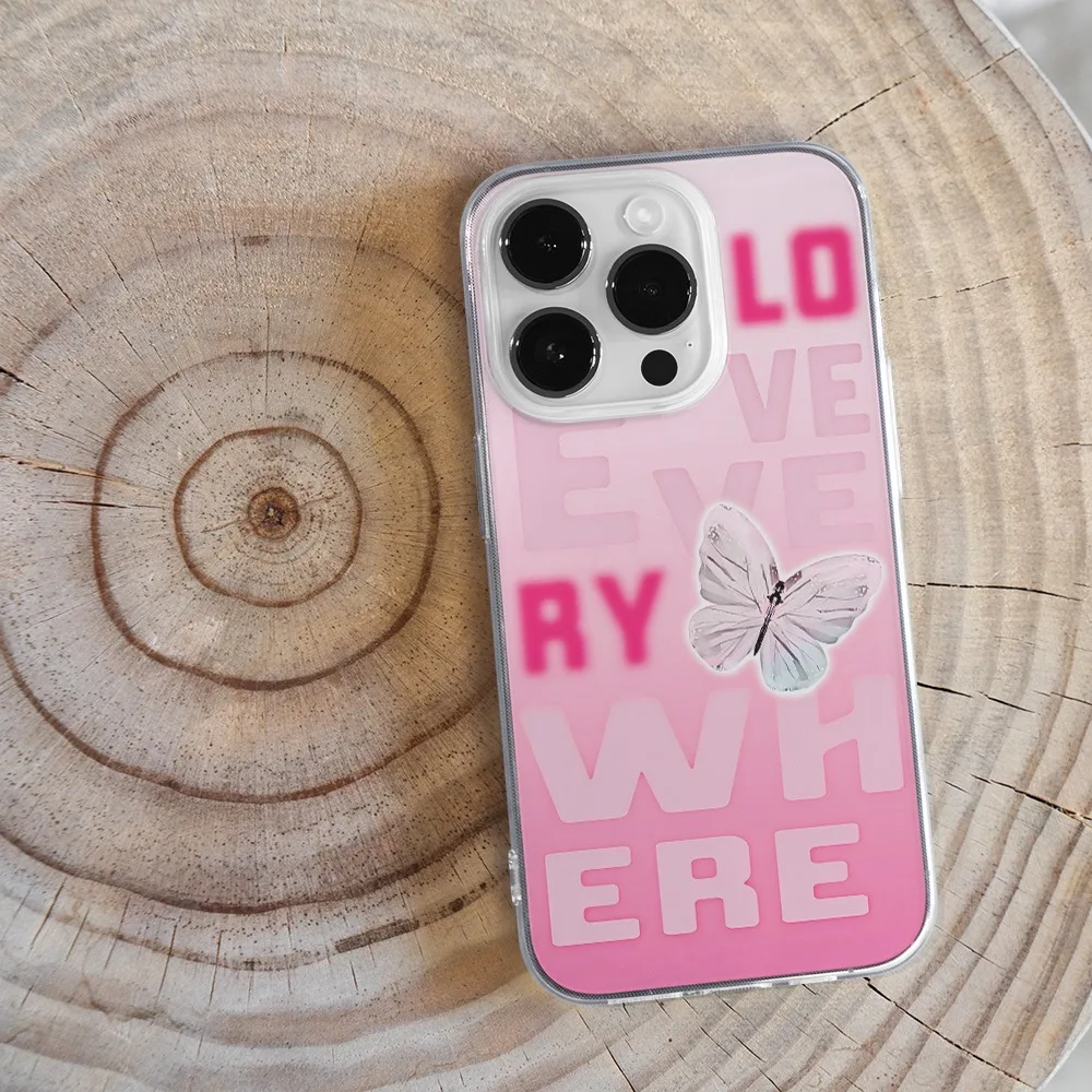 Прозрачный розовый чехол для телефона с градиентным узором бабочки iPhone 16 11 12 13 14 15