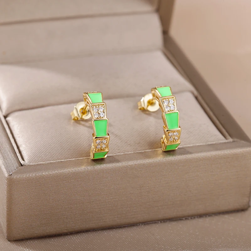 

Colorful Enamel Bling Zircon Bamboo Earrings For Women Girls Stainless Steel Geometric Earrings Jewelry Birthday Party Gift