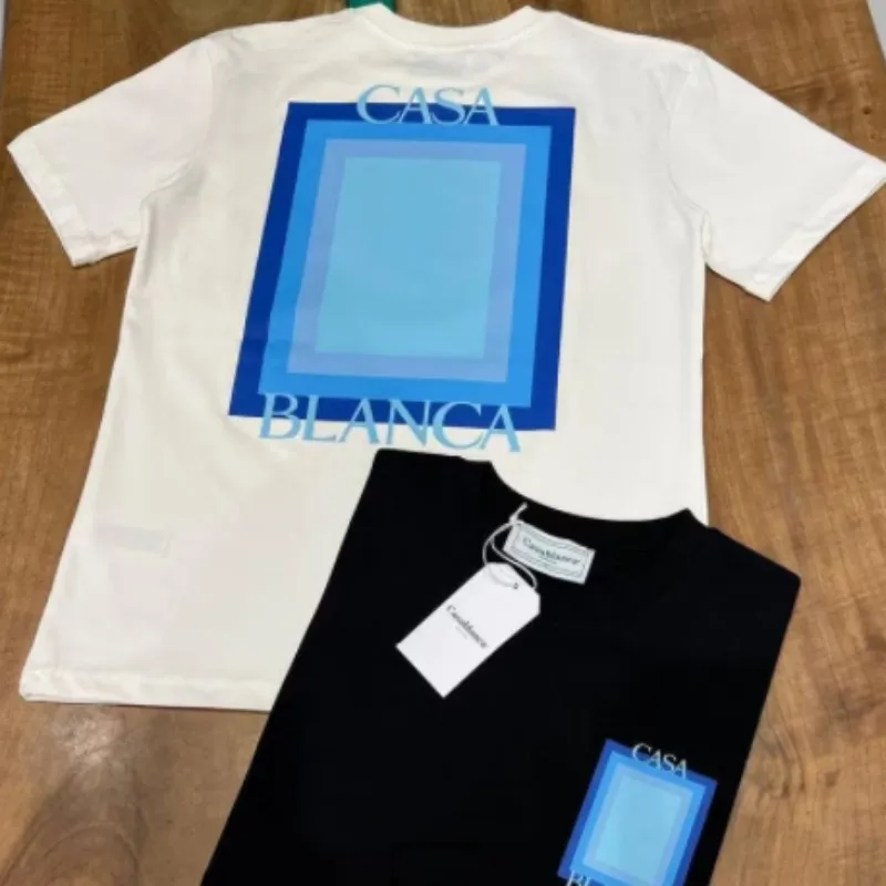 

High Quality Blue Gradient Square Letter Print CASABLANCA T-shirts Round Neck Cotton Short Sleeve 3XL Casa T Shirt for Men Women