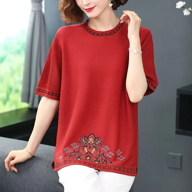 Mom Ice Silk Knit с рукавами 3/4 свободный топ закрывающий живот ранняя осень одежда для