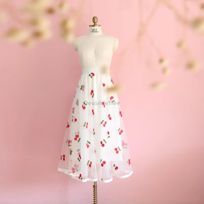 

2022 gauze skirt korean high waist a-word skirt cherry embroidery pattern skirt romantic women fairy skirt double layer design