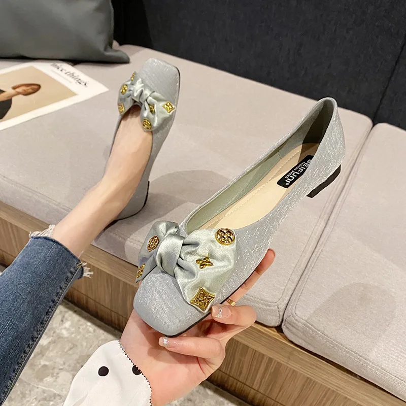 

New style temperamental sweet square head bowknot low heel shallow mouth soft bottom all-match single shoe women's shoes