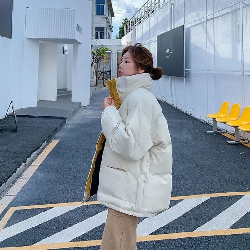 Down Cotton Jacket Female Korean Version of Loose Hong Kong Wind Students Bread Clothes Thickened Cotton Jacket Winter Coat