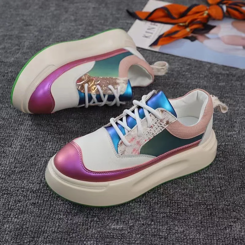 

Autumn New Dad's Shoes Women's Genuine Leather Snake Skin Spliced Colorful Casual Sports Shoes Fashion Luxury Single Shoe