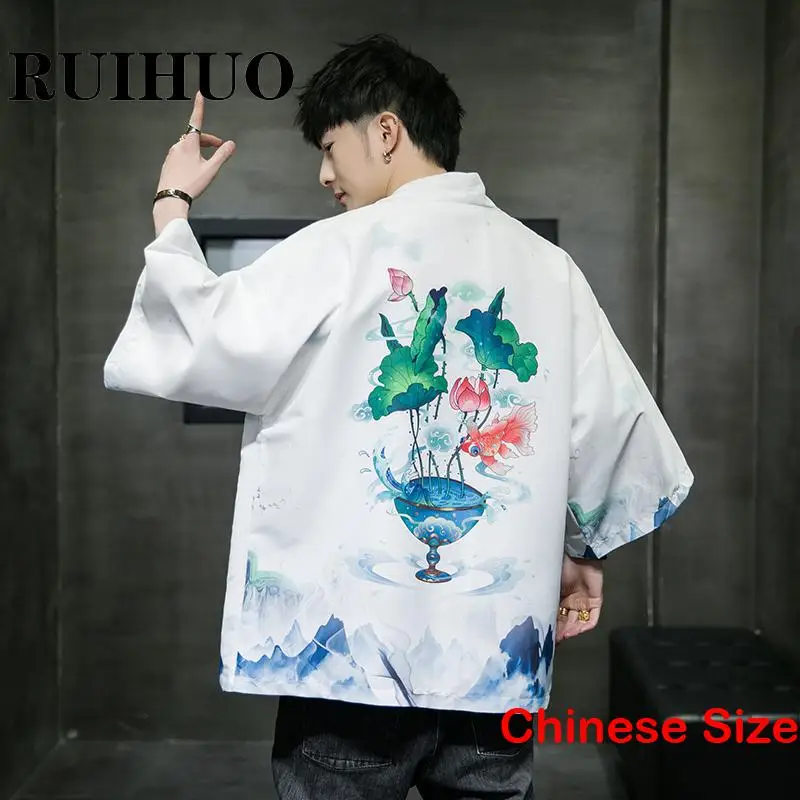 

Кимоно RUIHUO мужское с цветочным принтом, японская одежда, рубашка, блузка, винтажная одежда, кардиган, 5XL, лето 2023