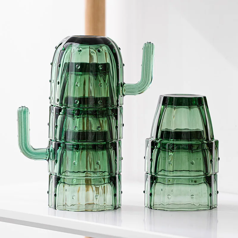 

Ins Wind Cactus Glass Set Retro Green Transparent Glass Drinking Cup High-value Creative Stackable Teacup Glass Mug Funny Gift