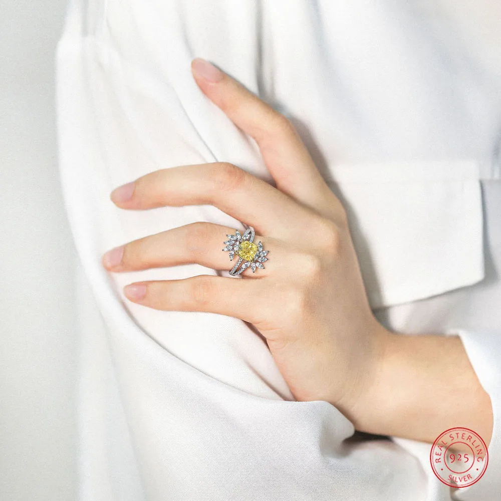 

CELAYI S925 Silver Ring For Women New Micro-set Imitation Yellow Diamond Ring High Carbon Diamond Personalized Index Finger Ring