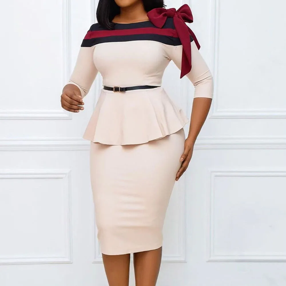 

Women Bodycon Dresss 2022 African Elegant Office Lady Work Midi Dress High Waist Ruffle Short Sleeve Female Vestiods