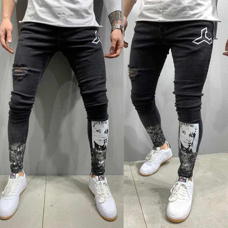 Men's Jeans Printed Black Ripped Elastic Slim Fashion Hip Hop Denim Trousers Streetswear Stretch Pants For Man