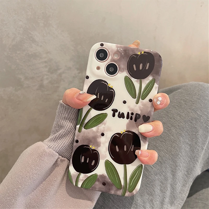 

Black Tulip Soft Silicone Glitter Case For iPhone 14 13 12 11 Pro Max XS XR X 7 8 14 Plus Shockproof Back Cover Capa