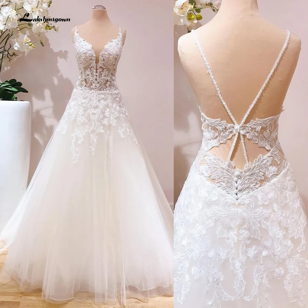 

Кружевное свадебное платье цвета шампанского с V-образным вырезом, пляжное платье невесты с глубоким вырезом, 2022 г., трапециевидные винтажны...