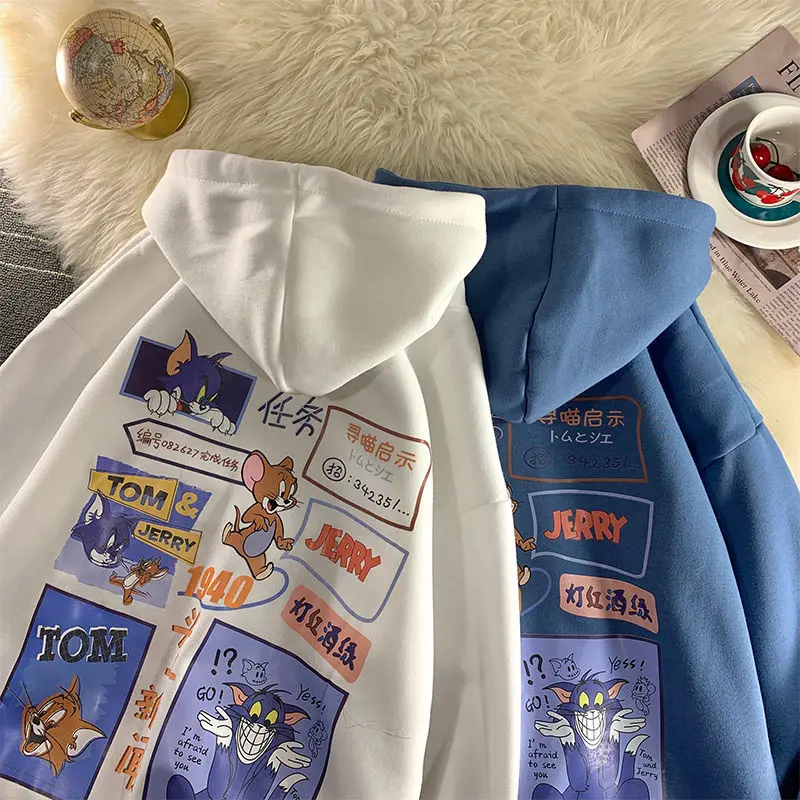 

2022 Ins White Blue Cartoon Cats Print Cute Sweatshirt Women Kawaii Hoodies for Teens Oversized Long Sleeve Tops Couples Fashion