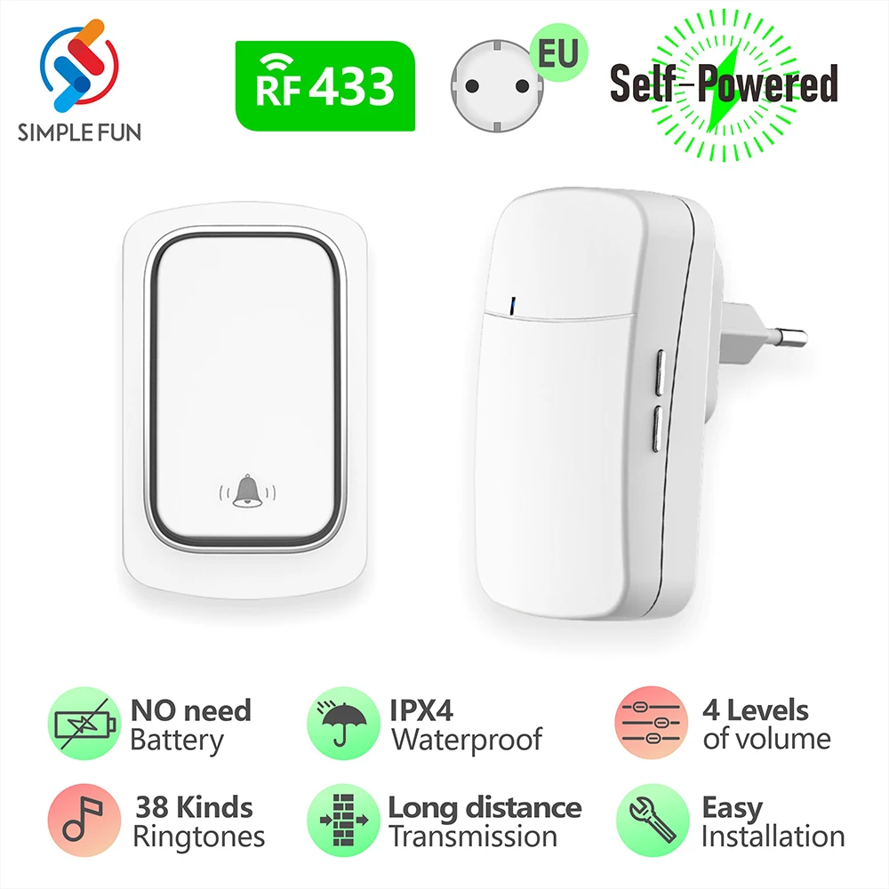 

Smart Outdoor Wireless Waterproof Doorbell Without Battery Wireless Bell EU Plug Self powered Button Ring Doorbell
