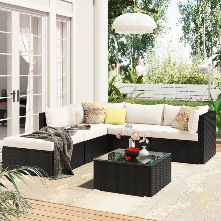 

6-Piece Patio Furniture Set corner sofa set with thick removable cushions, PE Rattan Wicker, outdoor Garden Sectional Sofa Chai