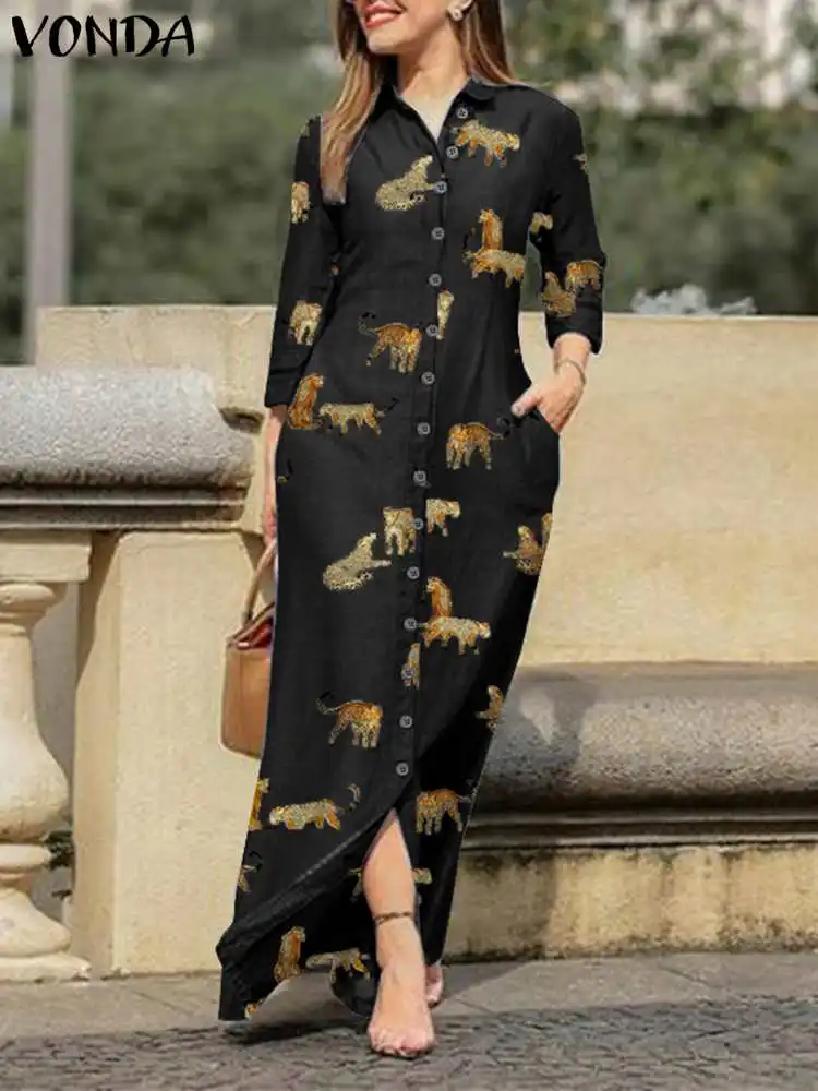 

Long Sleeve Shirt Dress VONDA 2022 Women Sexy Lapel Button Down Vintage Printed Holiday Maxi Dresses Elegant Long Robe Femme 6#