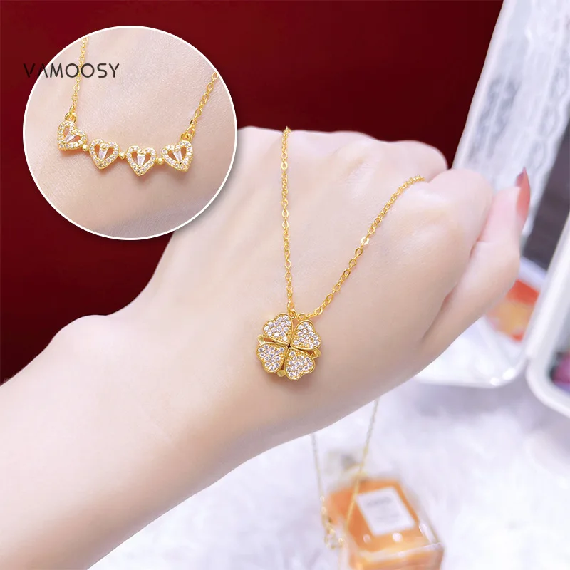 Dainty Gold Color Necklaces for Women Trendy Folding Collar Chains Clover Austrian AAA+ Zircon Pendant Choker Mothers Gifts