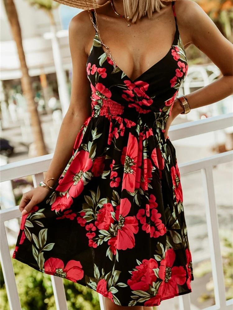 

Spaghetti Strap Mini Floral Dress Women 2022 Summer Sexy V-Neck Backless Cross Bandage Elastic Waist Ladies Holiday Beach Dress