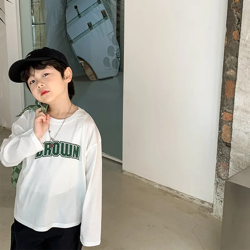 

Детская Хлопковая Удлиненная рубашка, Новинка весна-осень 2022, белая футболка для мальчиков с длинным рукавом, весенний топ в иностранном ст...