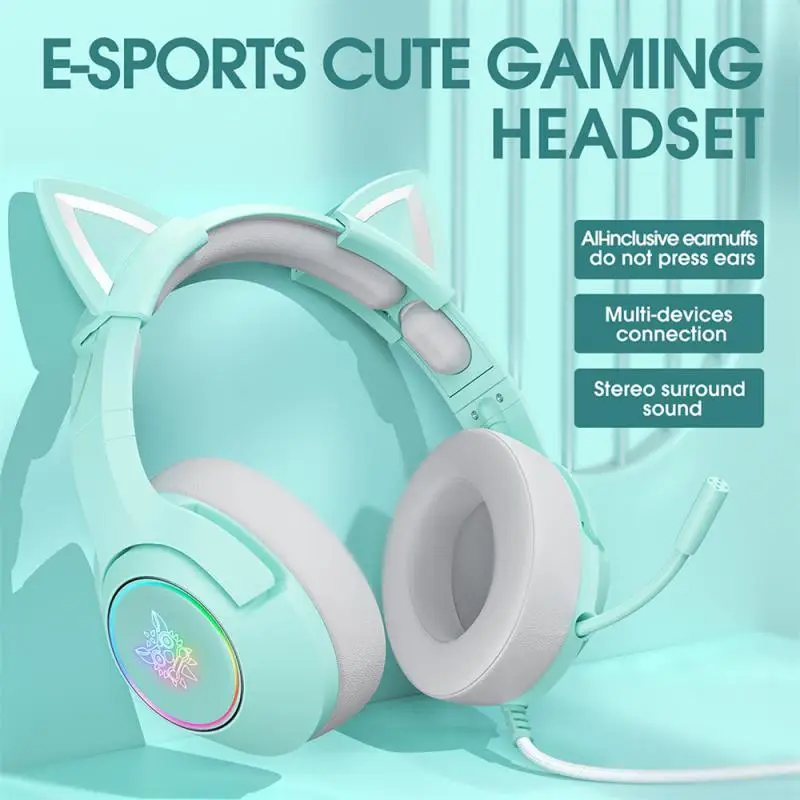 

ONIKUMA K9 Headphones Cute Cat Ears Wired Headphones Microphone 3.5mm Surround with RGB Atmosphere Light for PC Gamer