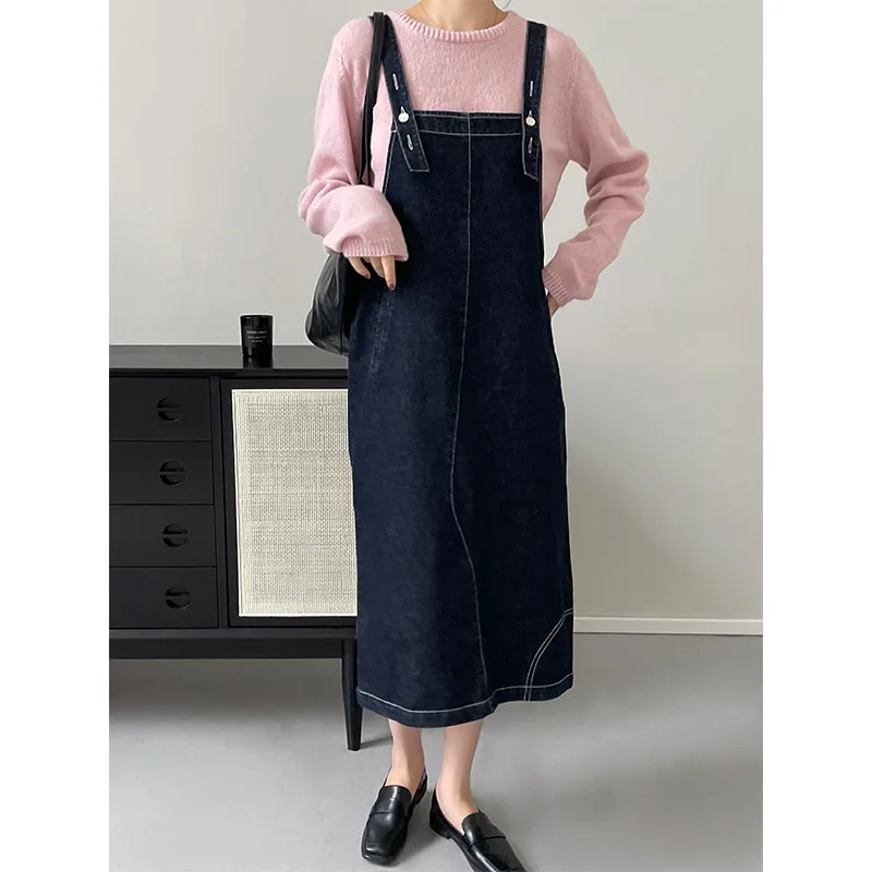 

Джинсовое платье на бретелях в стиле ретро, женское модное повседневное универсальное платье до середины икры с разрезом, новинка сезона осень 2022, темно-синие платья