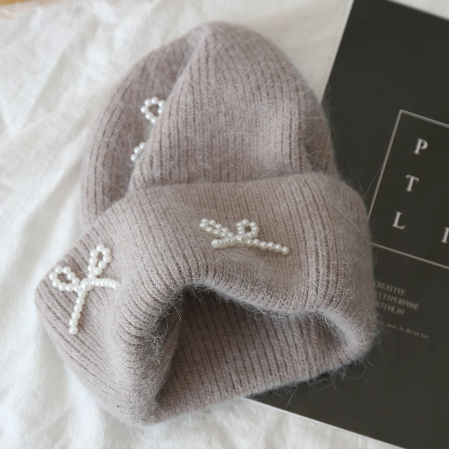 Новые корейские вязаные шапки с бантом и жемчугом зимняя шапка из Ангорского