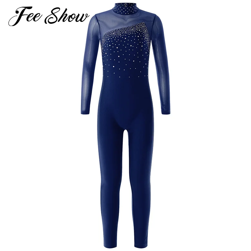 

Teen Girls Gymnastics Dance Catsuit Jumpsuits Long Sleeve Shiny Rhinestone Decorated Hollow Back Skating Jumpsuit for Dance Wear