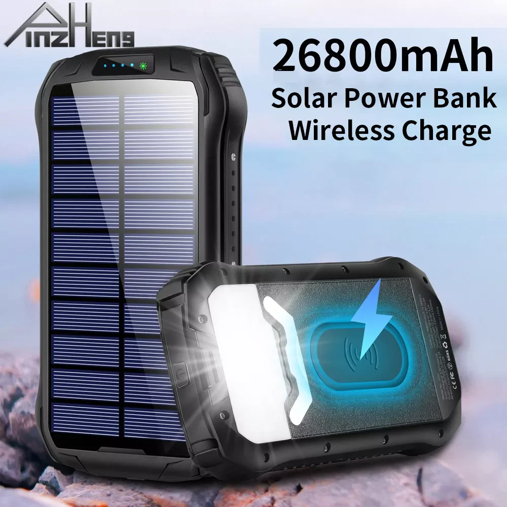 

2023New PINZHENG 26800mAh 10W Wireless Charger Solar Power Bank Outdoor Emergency Lighting For iPhone PD 18W Fast Charge Power B