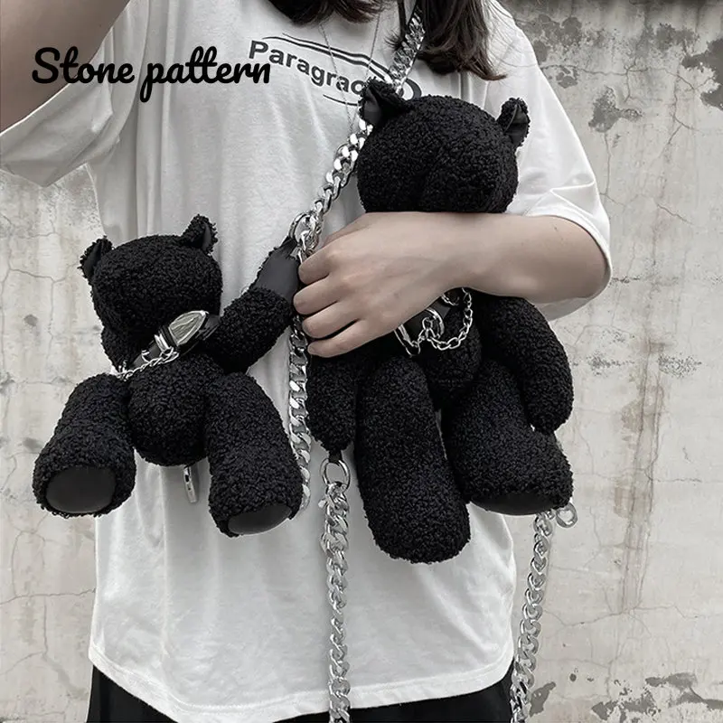 

Luxury Designer Handbag for Women 2022 Fashion Girls Cute Black Plush Doll Bear Purse Chain Zipper Casual Crossbody Shoulder Bag