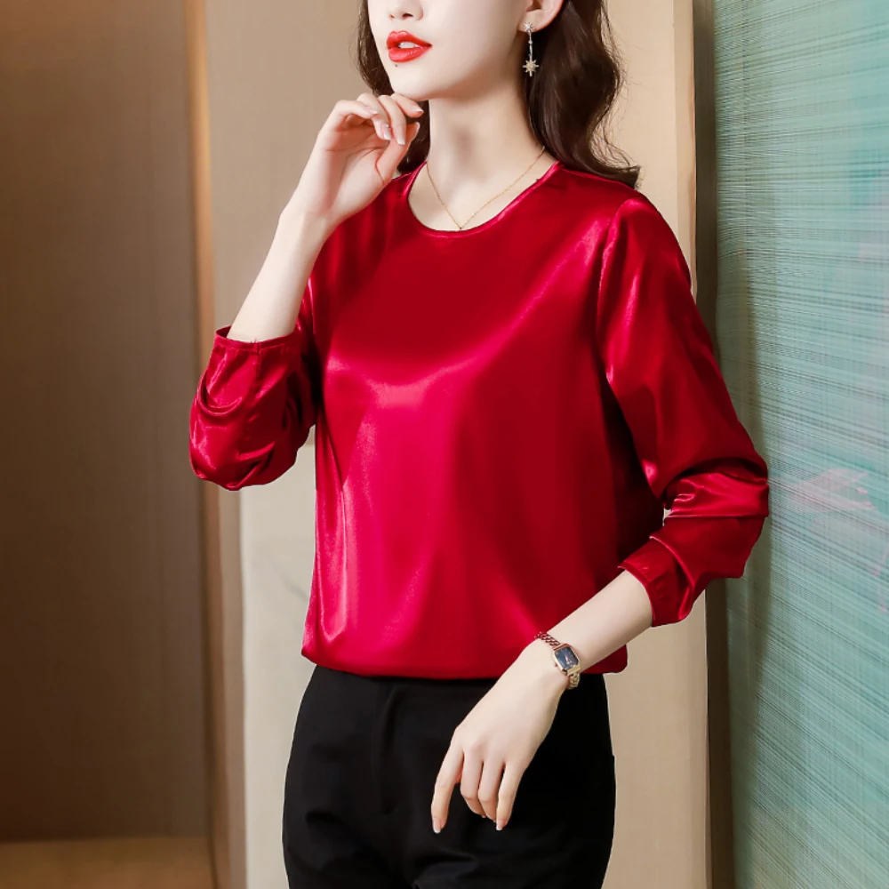 

Vintage Simple Womens O-Neck T-Shirt Casual Tops Blouses Side Split Loose Long Sleeve Satin Shirt blusas mujer de moda 2022