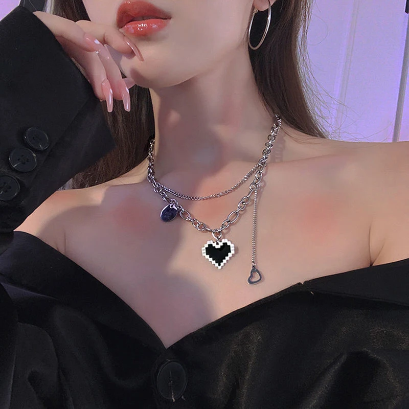 

Women's Necklace Mosaic Black Love Heart Pendant Fine Double Link Chain Necklace sexy accessories one-pieces