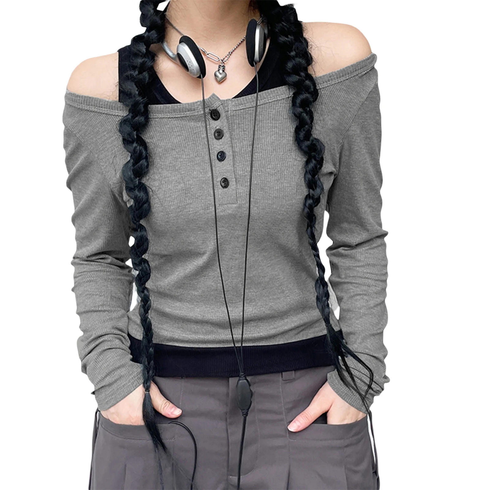 

Женские вязаные топы с длинным рукавом, Повседневный пуловер контрастных цветов, футболки с открытыми плечами для клуба, уличная одежда, футболки