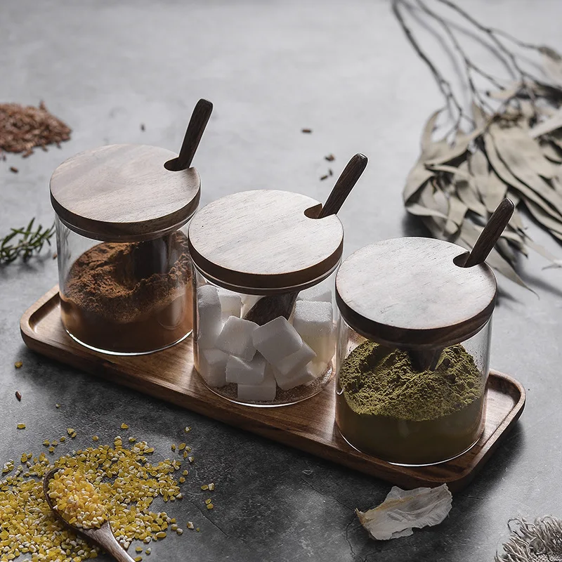 

Retro Solid Wood Glass Seasoning Jar Three-piece Storage Bottle Kitchen Storage Seasoning Box Set