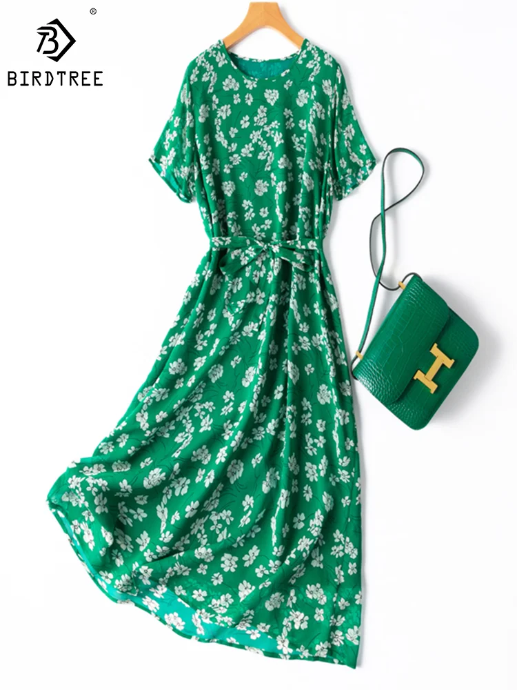 

Birdtree 100%Natural Silk Women Elegant Dresses Flower Printed O-Neck With Slik Lining Long Dress Belted Midi Dress D37647QM
