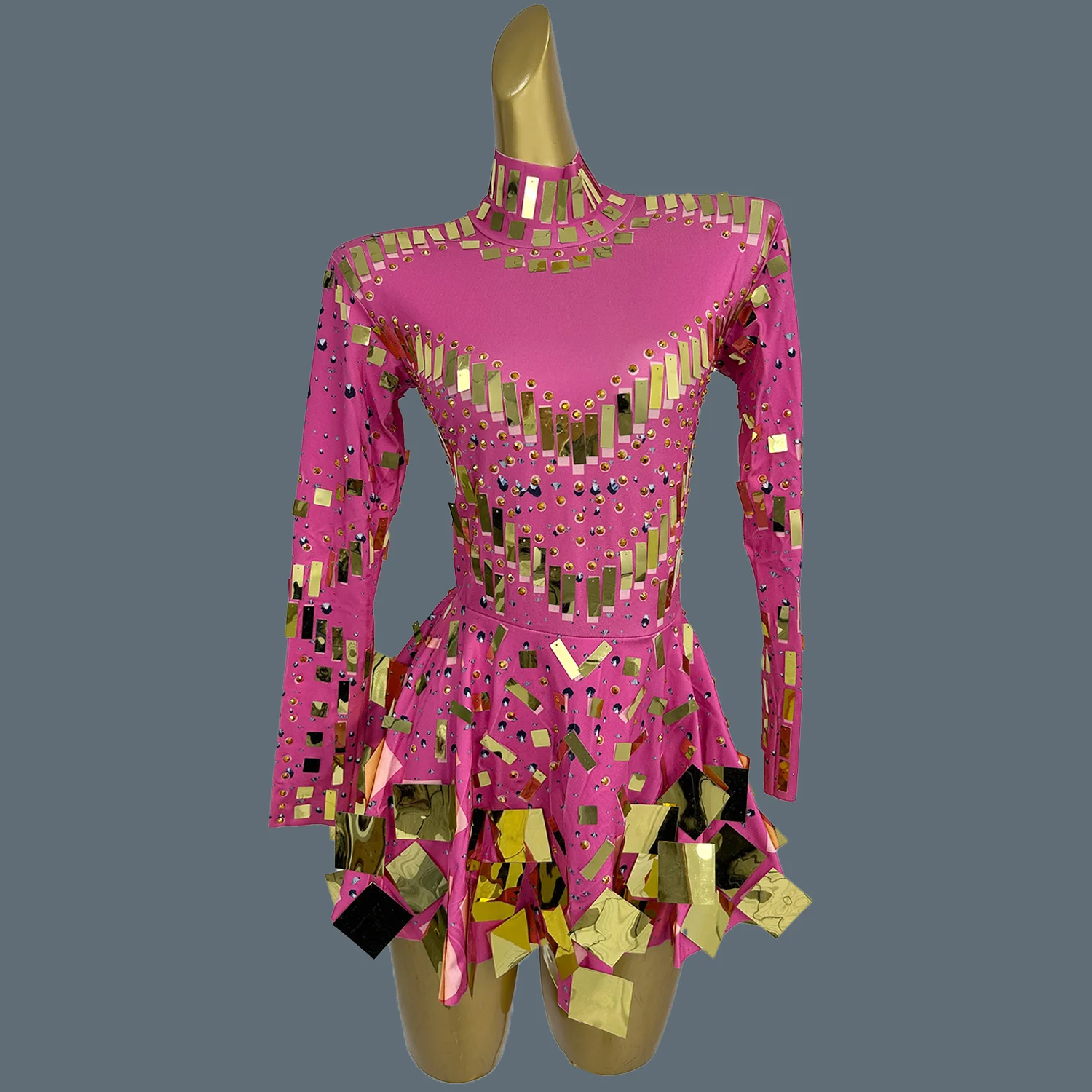 Блестящие кристаллы зеркала плиссированное платье с длинными рукавами женское