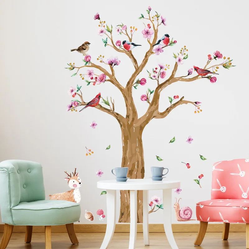 

Cartoon Animals Tree Wall Sticker for Kids Room Hand Painted Watercolor Birds Deer Wallpapers Lovely Flower Wall Home Decor
