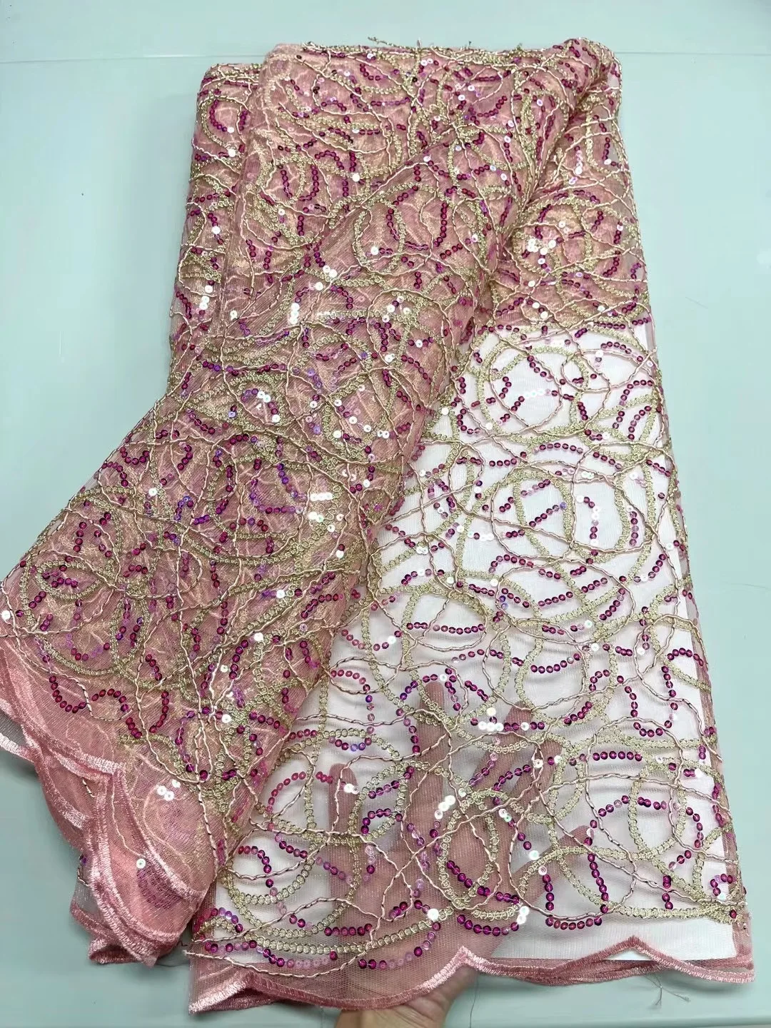 

Розовая африканская вышивка кружевная ткань 2023 высокое качество французская сетка блестки 5 ярдов ткань в нигерийском стиле для женщин Свадебные платья для шитья