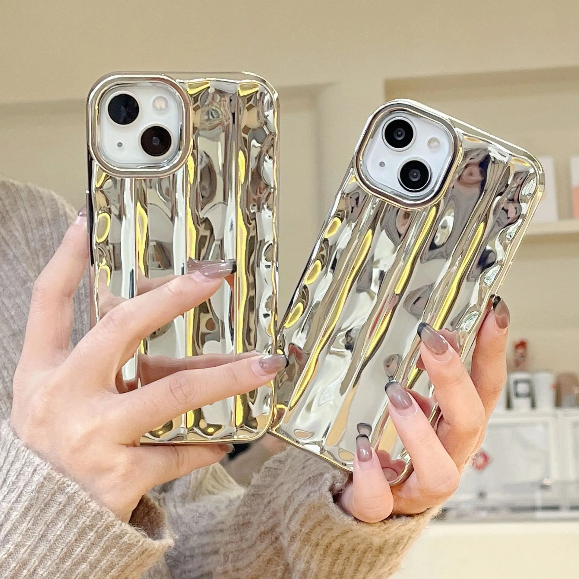 

Luxury Plated Silver Ripple Soft Silicone Phone Case For iPhone 14 12 13 11 Pro MAX XR XS Plus Shockproof Lens Protection Cover
