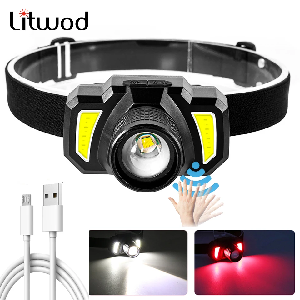 

XP-G Q5 Head Flashlight Lamp Headlight Waterproof White Red Emitting Color Lights Led Headlamp Zoomable Built in Battery Sensor