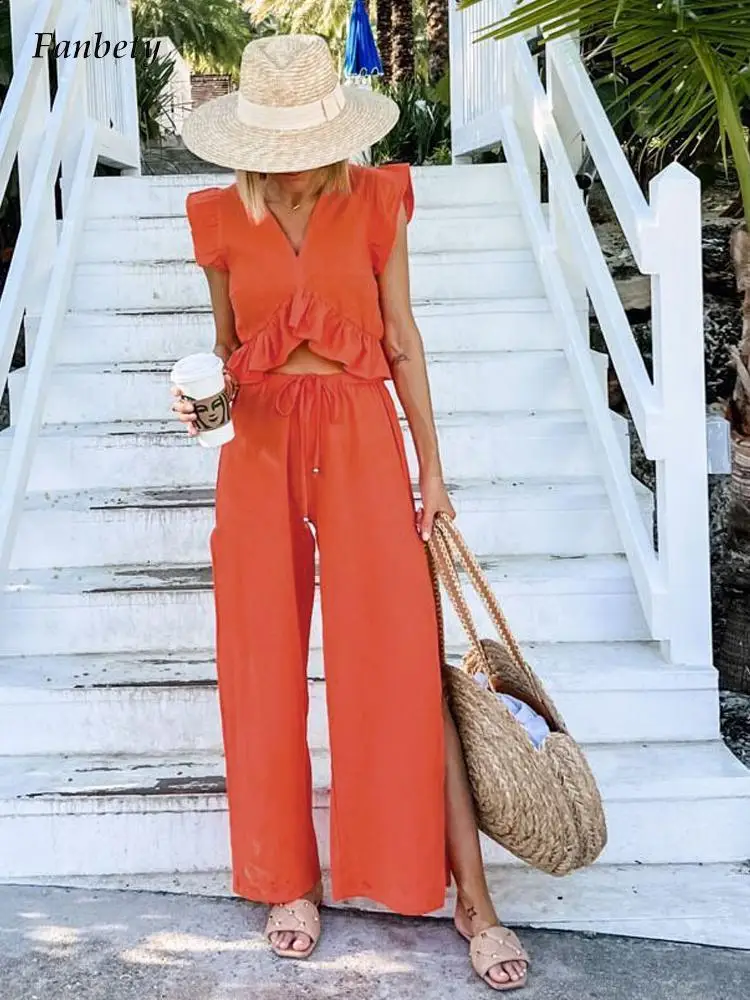 

Женский офисный комплект из двух предметов, элегантный однотонный комплект из топа с расклешенными рукавами и брюк, повседневная одежда дл...