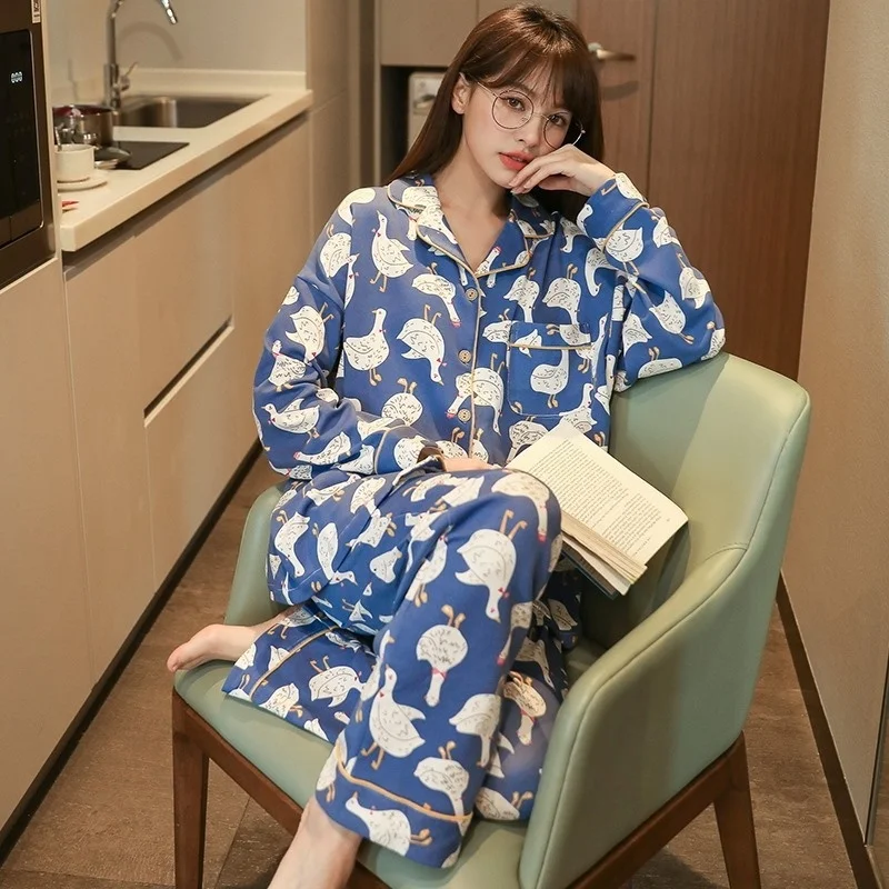 2022 new style pajamas women's cardigan long sleeved trousers pure cotton lapel leisure spring clothes can be worn out