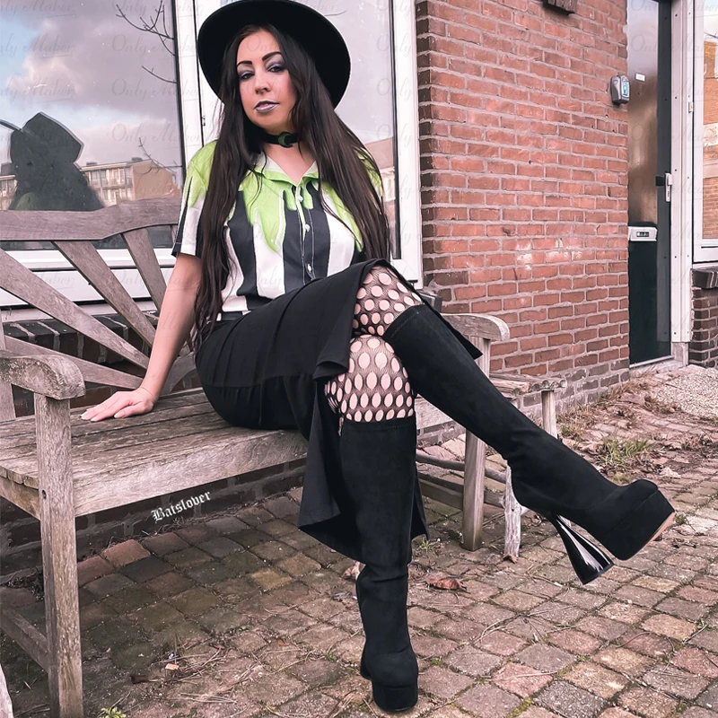 Onlymaker Platform Knee High Boots Black Flock High Elastic Spike Heels Side Zipper Boots Lady Big Size Big Size Fashion Boots