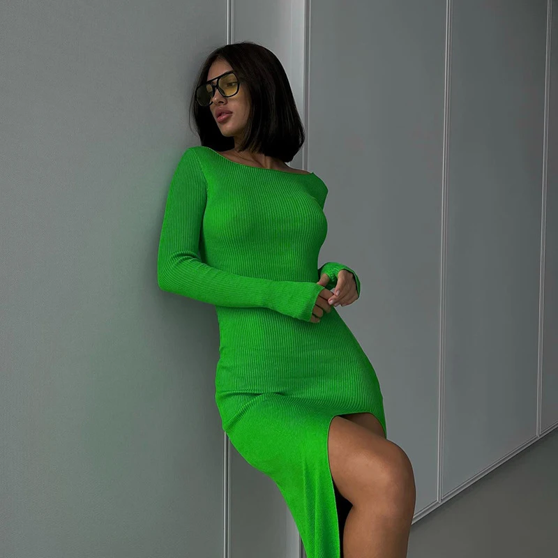 

2022 Autumn New Sexy Fashion Street Casual Solid Color Round Neck Straps Hollow Long Sleeved French Slit Dress Women