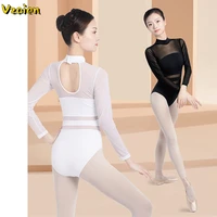aerial yoga onesie clothing gymnastics leotards dancewear female ballet costumes black white long sleeve mesh splice ballet