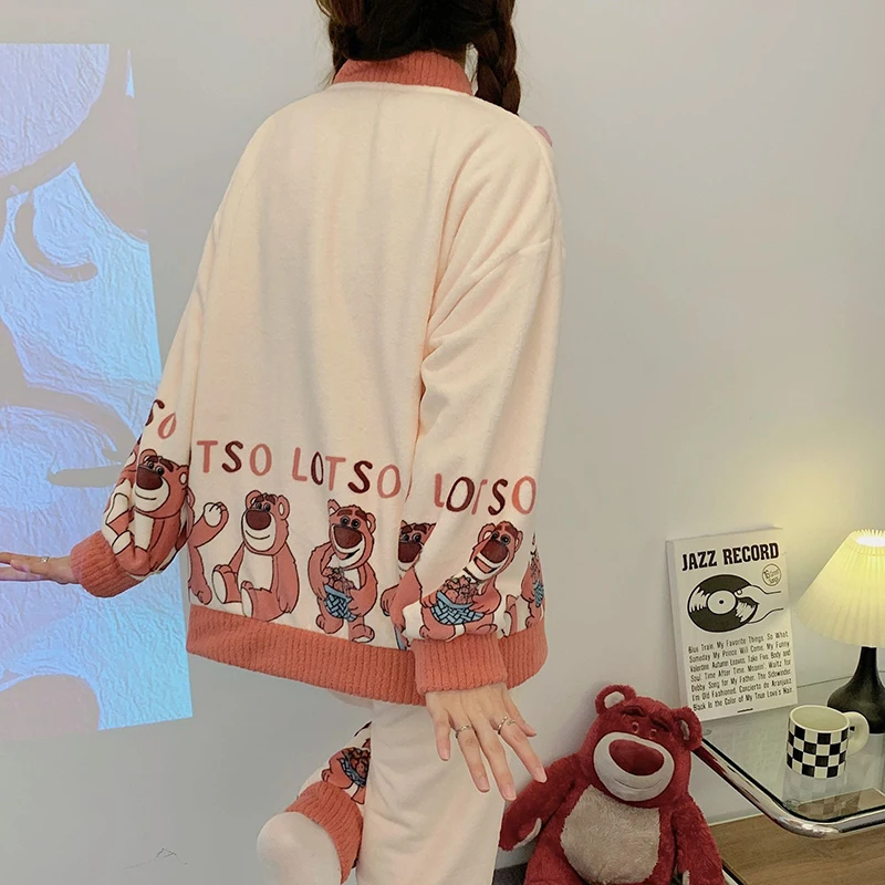 Women Winter Thick Warm V-Neck Cardigan Cartoon Bear Top Pants Flannel Pajama Set Fleece Pajamas Sleepwear Homewear Female Suit