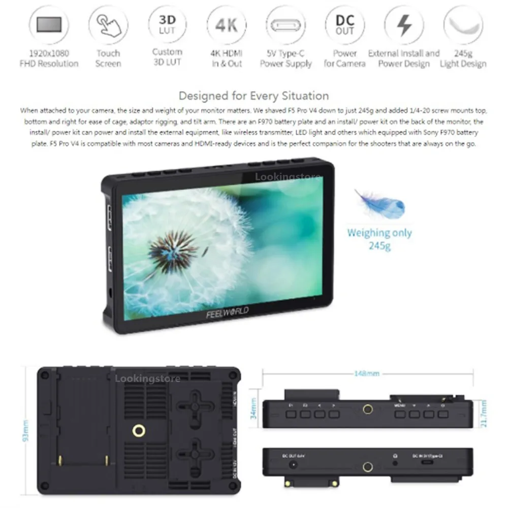FEELWORLD 6-дюймовый полевой монитор камеры DSLR F5 Pro V4 с сенсорным экраном 3D LUT FHD1920 1080 4K