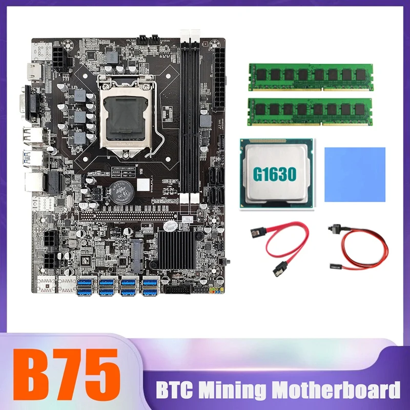 

B75 BTC Miner Motherboard 8XUSB+G1630 CPU+2XDDR3 8G 1600Mhz RAM+SATA Cable+Switch Cable+Thermal Pad B75 USB Motherboard