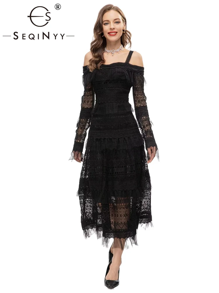 

Женское платье с открытыми плечами SEQINYY, Элегантное летнее и весеннее платье в винтажном стиле с кружевной отделкой в стиле High Street, новый модный дизайн